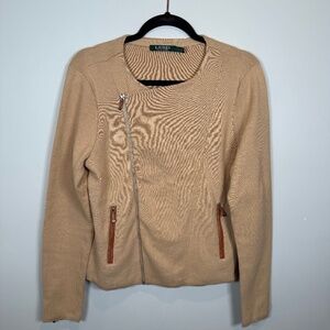 Lauren Ralph Lauren Tan Angle Zip Sweater Jacket Size L